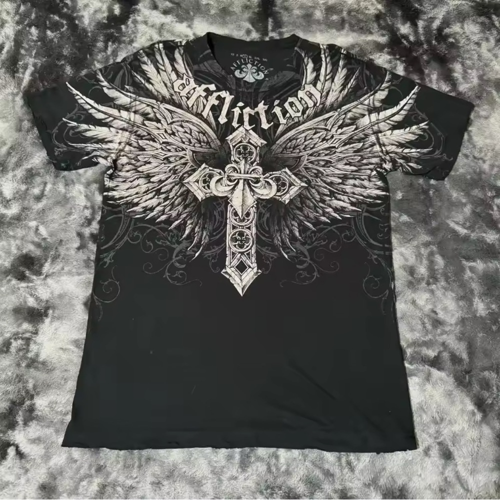 Affliction Black and Gray Winged Cross Tee